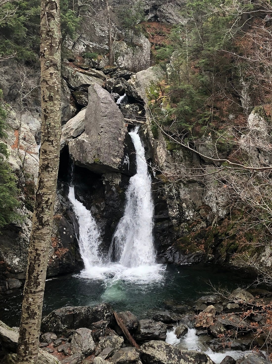 Bash Bish Falls waterfall scene in Massachusetts.