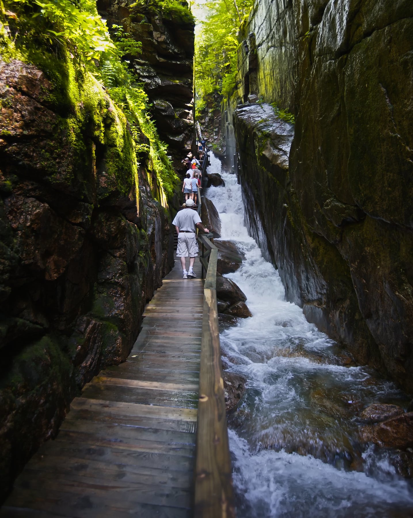 Visitors on the boardwalk beside rushing water in the narrow Flume Gorge chasm.