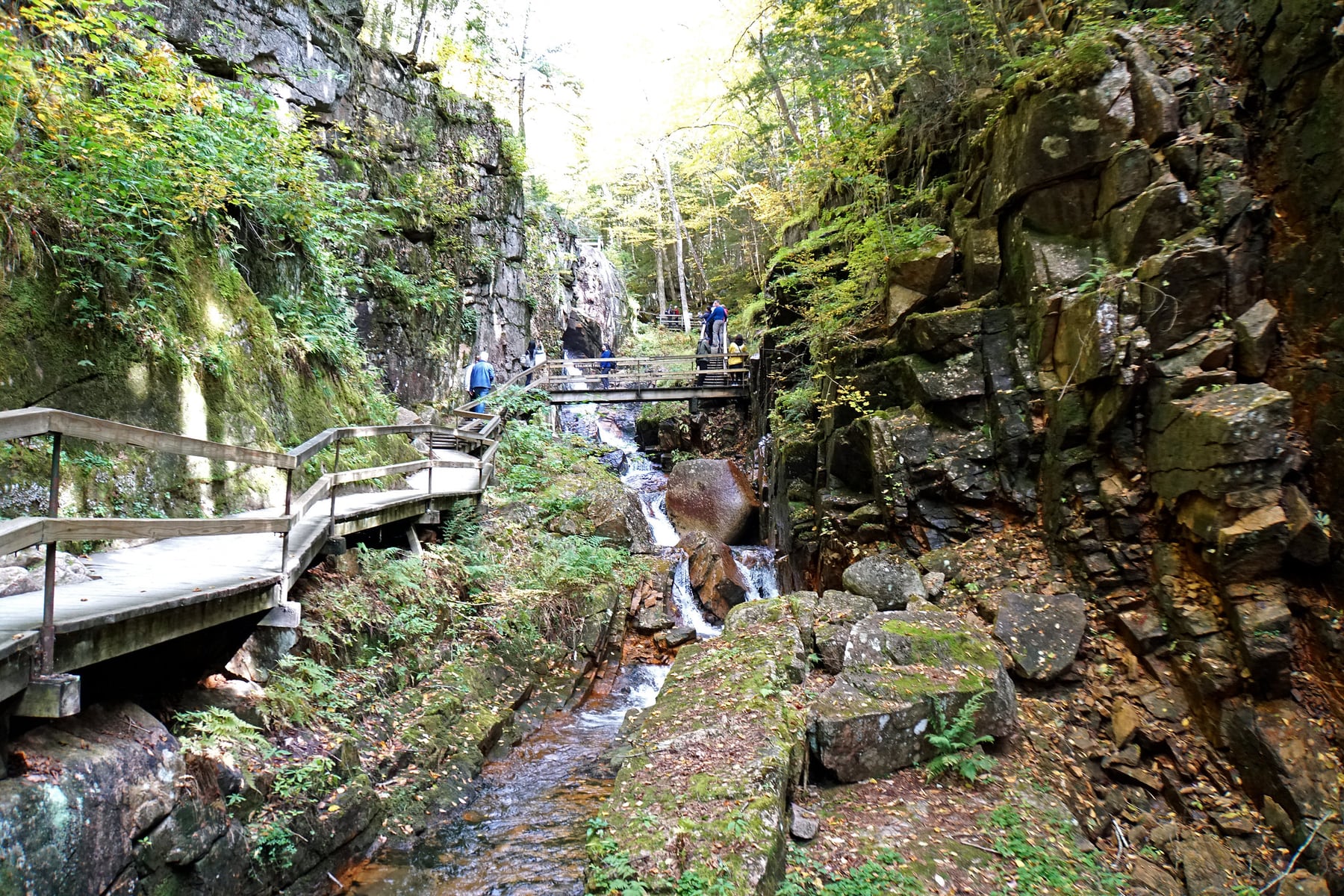 Boardwalks and stairs winding through the rocky Flume Gorge in New Hampshire.