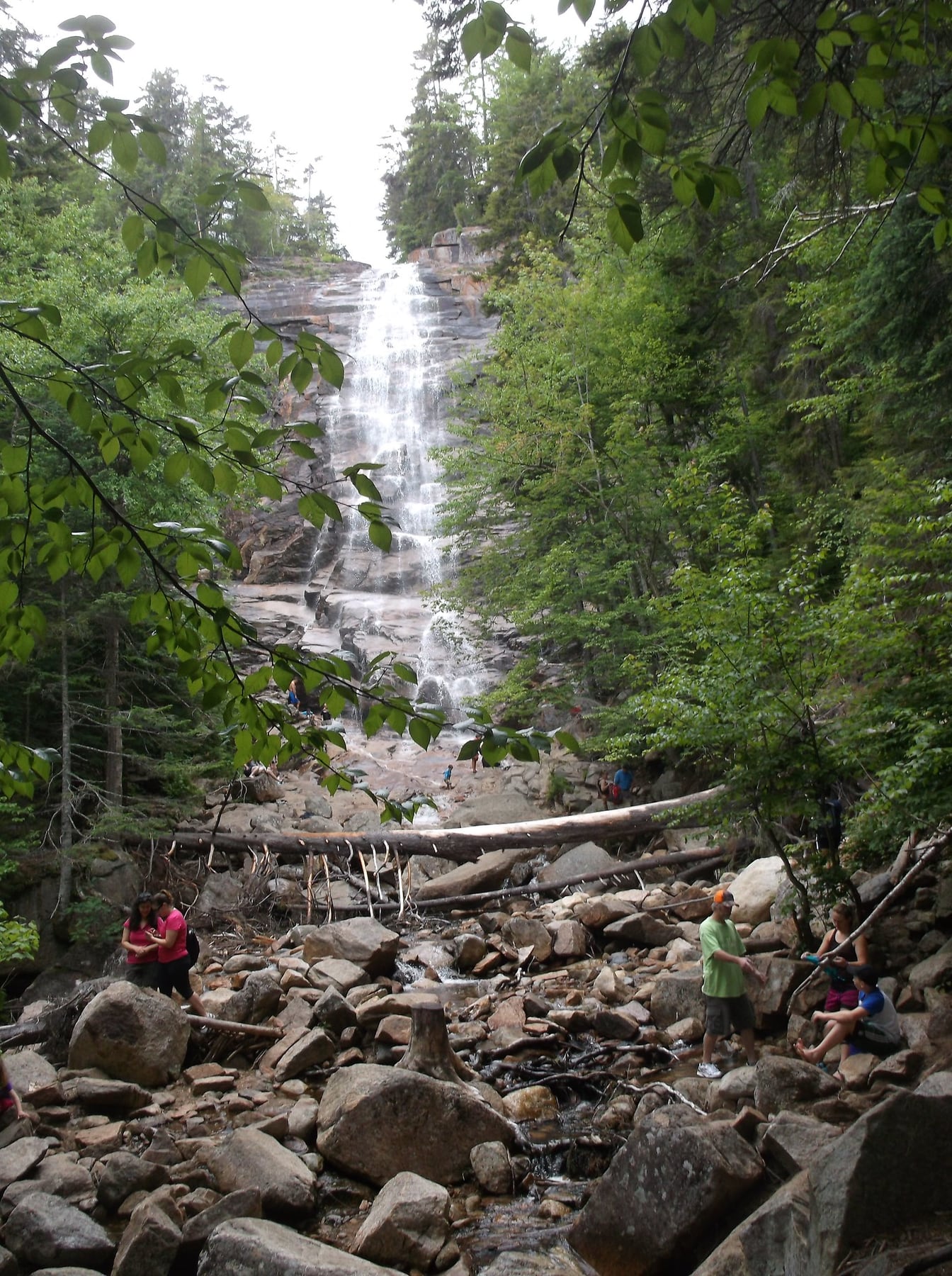 Visitors stand near the rocky base of Arethusa Falls in the forest.