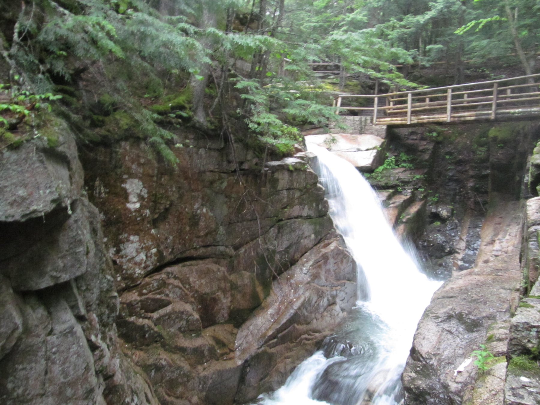 A trailside sign explains the geology of Sabbaday Falls.